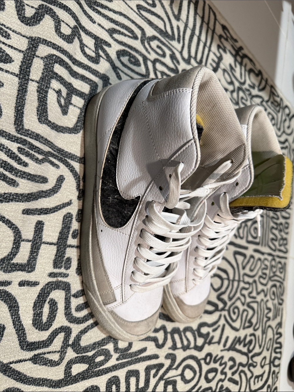 Nike Women’s White High-Top Sneakers with Black Swoosh and Yellow Tongue Accents - Picture 1 of 5